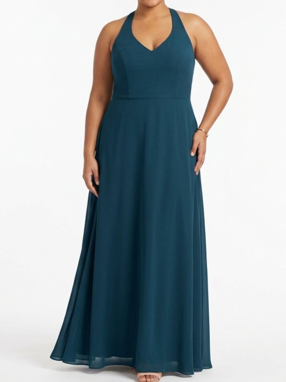 Alfred Angelo 7019W Tealness Halter Chiffon Low Back Chapel Train Gown- Sz. 24W